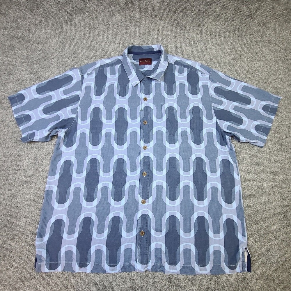 Tommy Bahama Mens Silk Camp Shirt Extra Large Blue Short Sleeve Button Up Collar